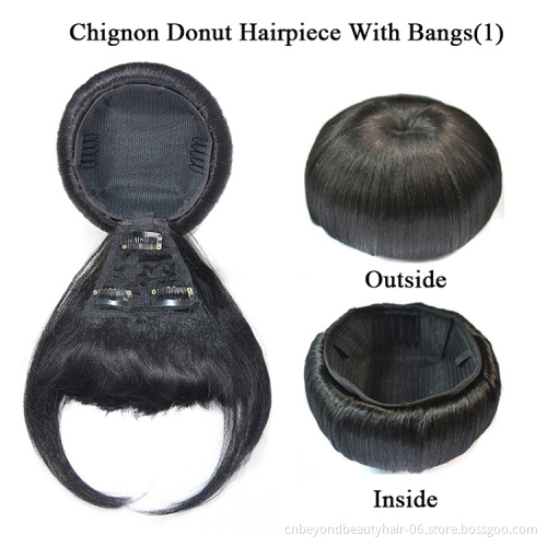 Synthetic Hair Bun With Bangs Set Heat Resistant Fiber Straight Hair Bang Wig For Women Clip In Hair Extension